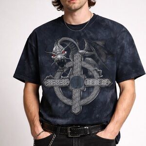 The Mountain Dragon Celtic Cross Tie Dye Graphic T-Shirt Sz L Fantasy Gothic Y2K